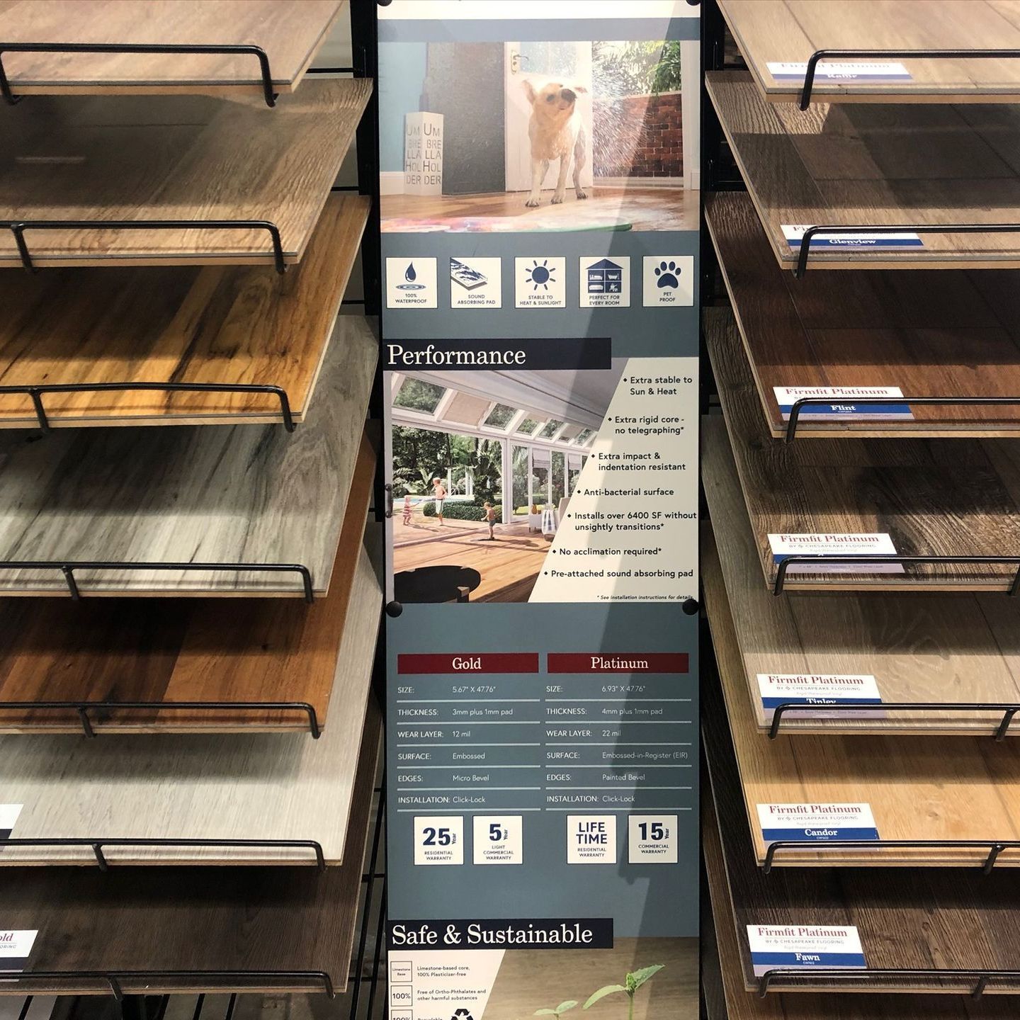 A display of different types of wood flooring in a store