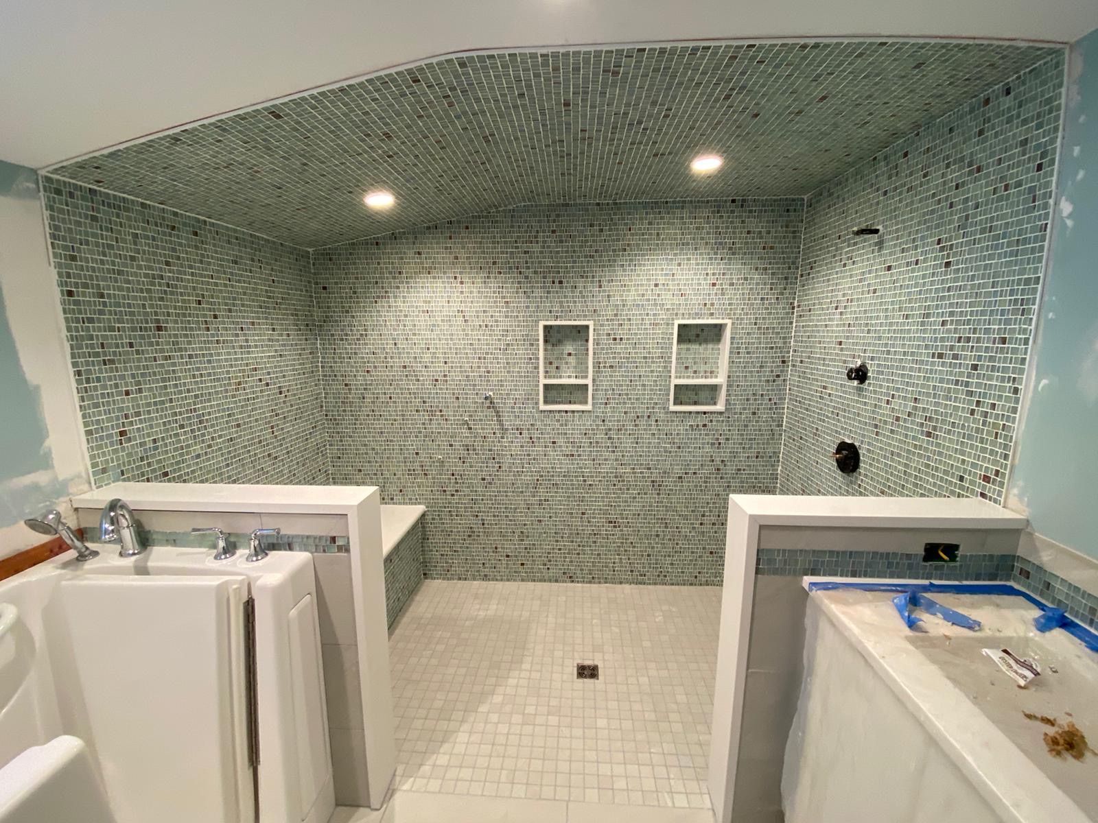 A bathroom with a walk in shower and a bathtub.
