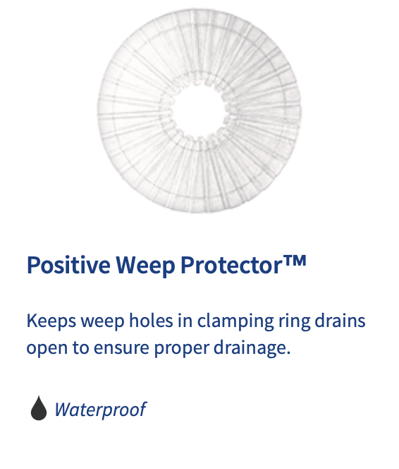 A positive weep protector keeps weep holes in clamping ring drains open to ensure proper drainage