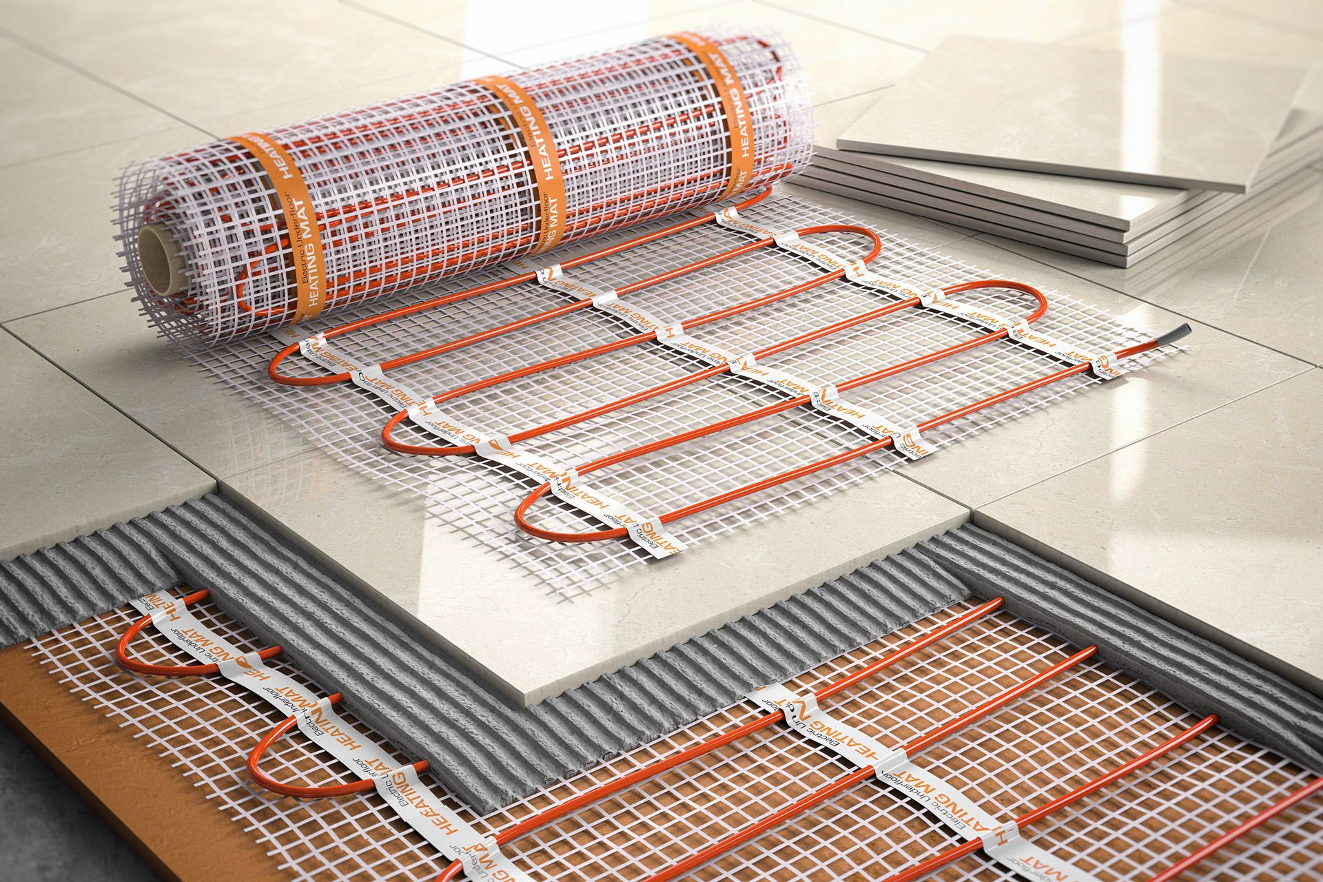 A roll of underfloor heating is sitting on top of a tiled floor.