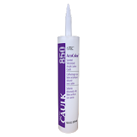 A white bottle of caulk with a purple label on a white background.