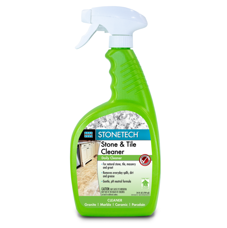A green bottle of stonetech stone and tile cleaner
