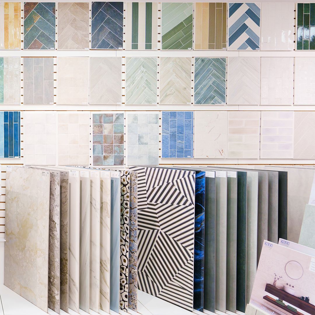 A variety of tiles are displayed in a store