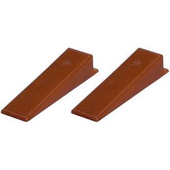 A pair of brown door wedges on a white background.