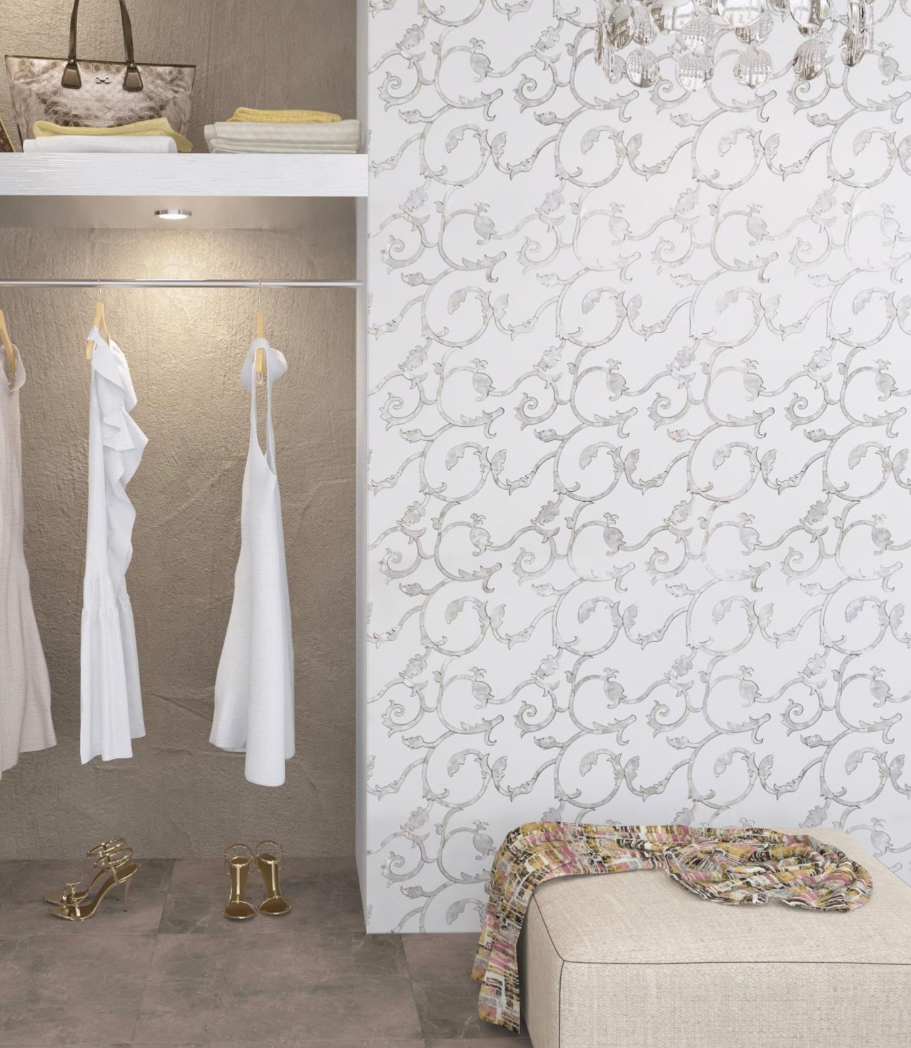 A closet with white dresses hanging on a rack