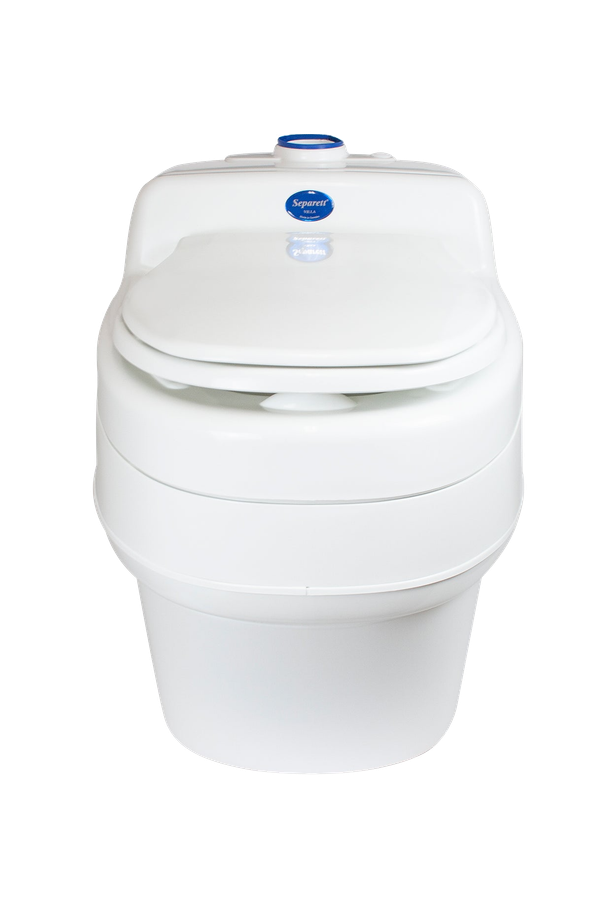 White composting toilet with a closed lid. It has a blue knob on the top.