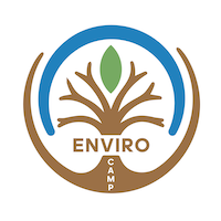 Logo for Enviro Camp. Circular brown frame with a blue arch and a stylized tree inside. The word 