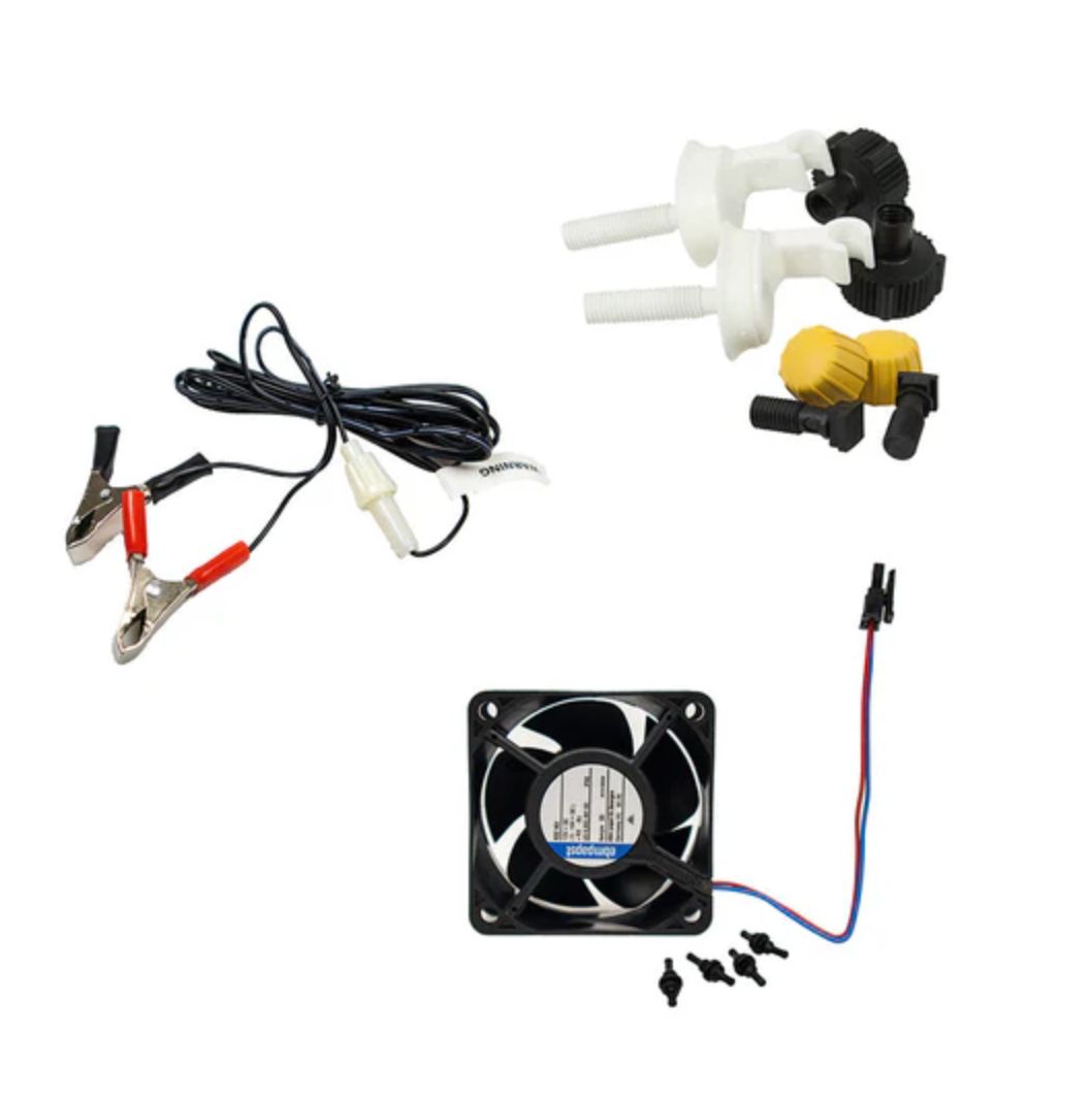 Various electronic components: a cooling fan, wire with alligator clips, and plastic nozzles.