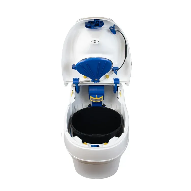 White portable toilet with a blue seat and lid, open to reveal a black waste bucket.