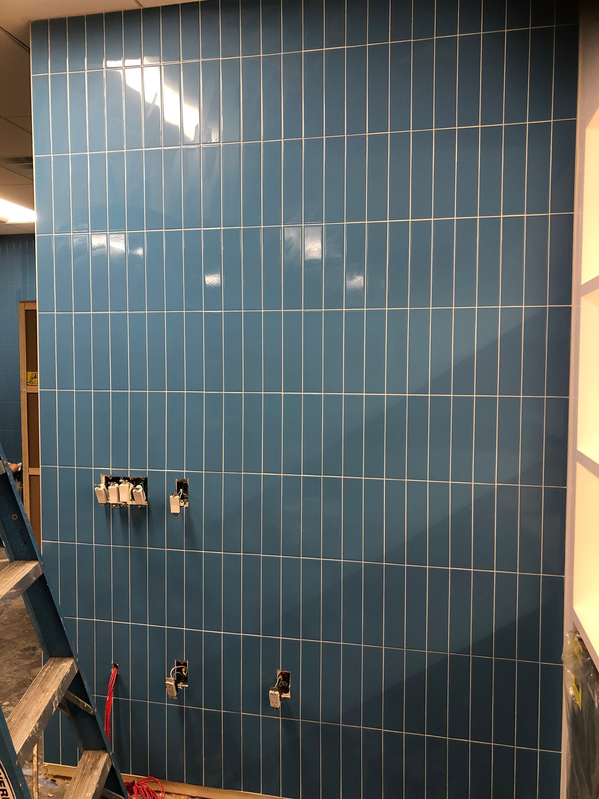 A wall with blue tiles and a ladder in the background.