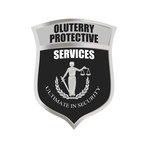Shield logo for Oluterry Protective Services: features scales of justice, text 