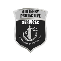 Shield logo for Oluterry Protective Services: features scales of justice, text 
