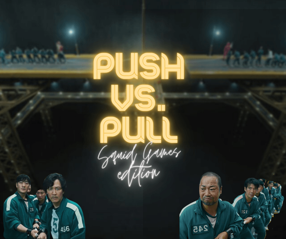 A group of men are playing a game called push vs pull.