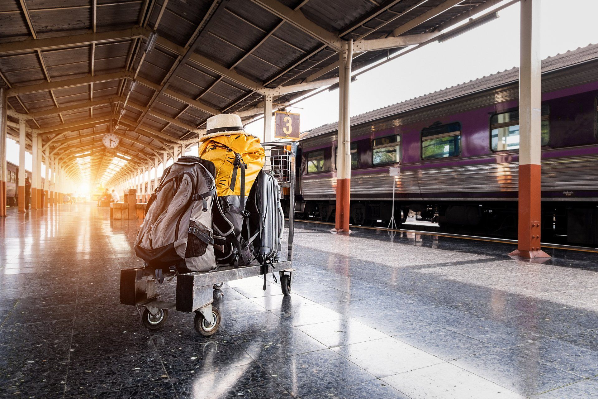 A person is pulling a luggage cart at a train station.