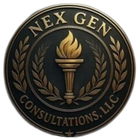 NexGen Consultations LLC logo: Globe with red arrow pointing upward. Blue and red text.