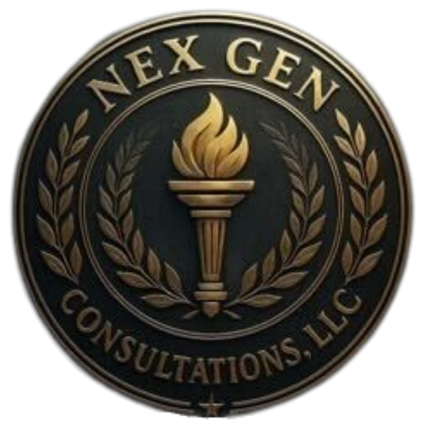NexGen Consultations LLC logo: Globe with red arrow pointing upward. Blue and red text.