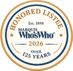 A circular Marquis Who's Who Honored Listee 2026 emblem in blue and gold on a white background.