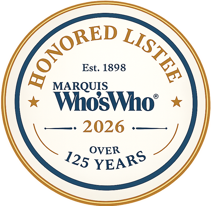 A circular Marquis Who's Who Honored Listee 2026 emblem in blue and gold on a white background.