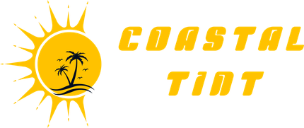 Logo for Coastal Tint featuring a yellow sun graphic with palm trees and waves, next to yellow text reading COASTAL TINT.