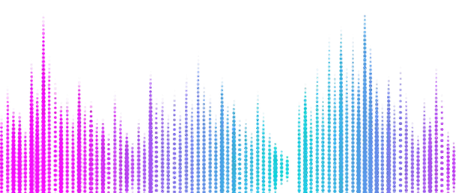 Vibrant music equalizer display with vertical bars in pink to blue tones.