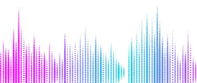 Colorful digital audio waveform in pink, purple, and blue on a black background.