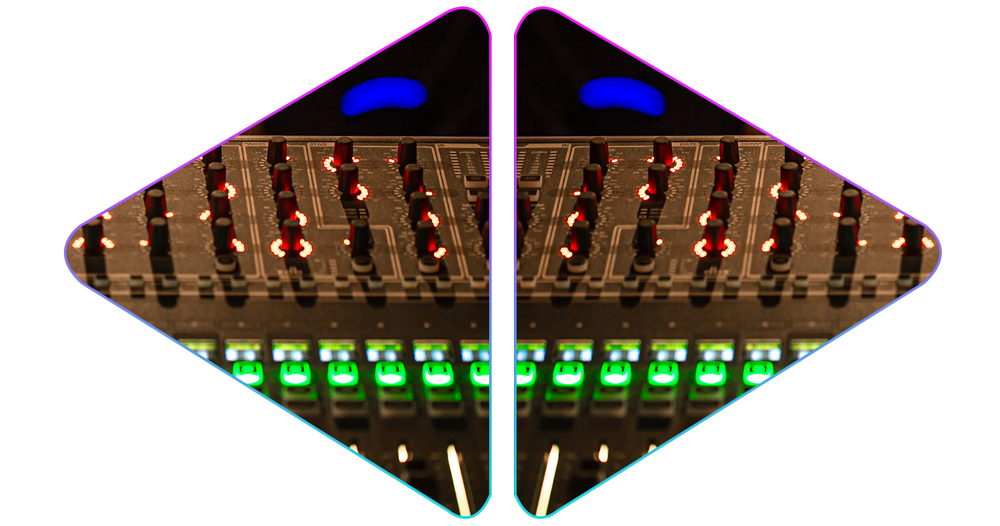 Mirrored DJ mixer image inside two triangular outlines with glowing controls and buttons.