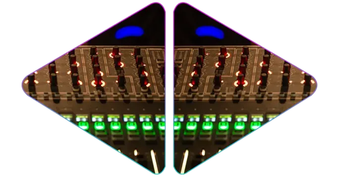 Mirrored DJ mixer image inside two triangular outlines with glowing controls and buttons.