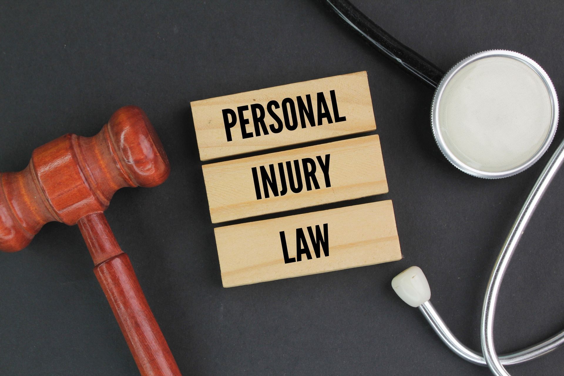Wooden blocks spelling personal injury law beside a gavel and stethoscope on a dark surface.