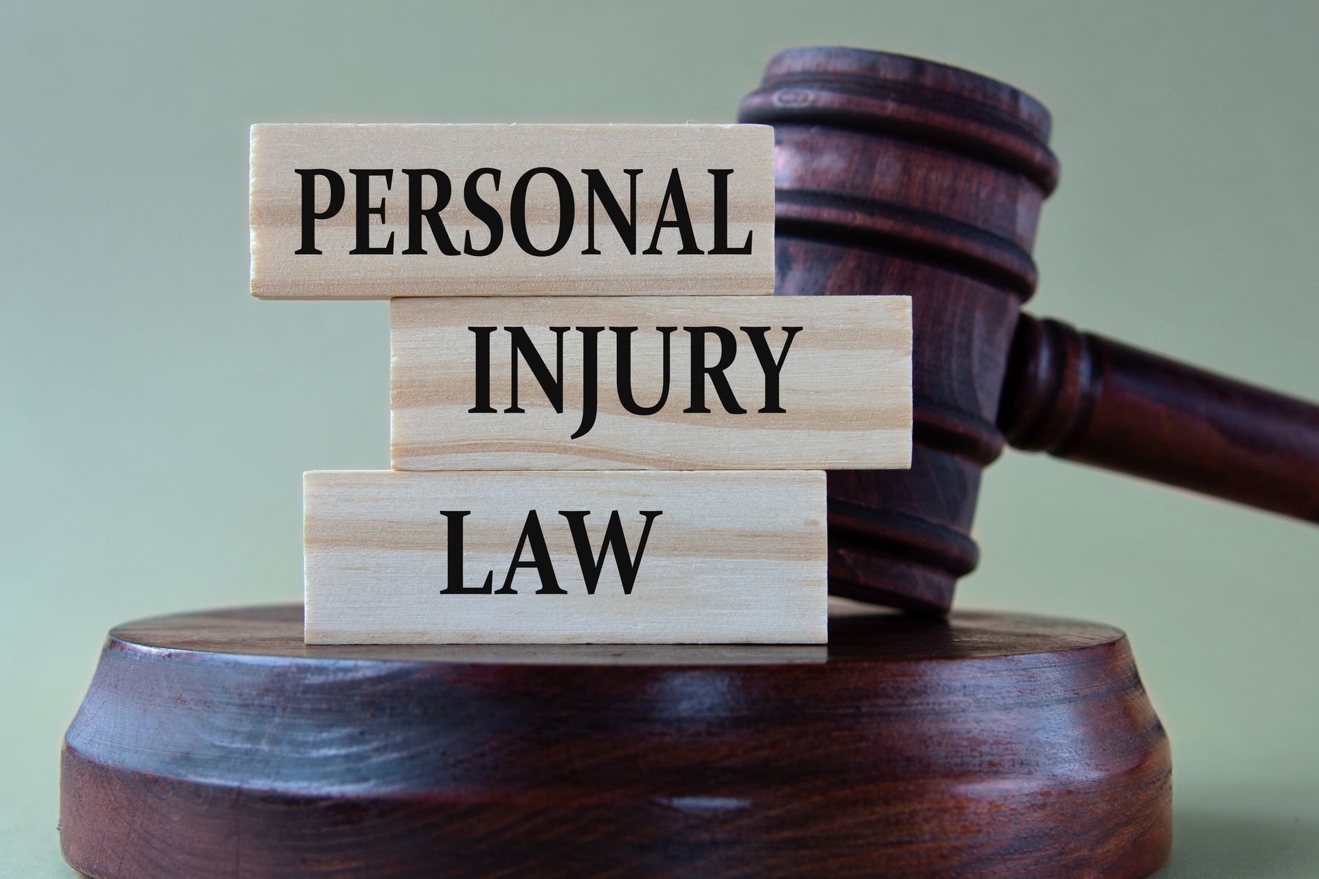 Personal Injury Attorney legal concept with wooden blocks and judge’s gavel in courtroom setting.