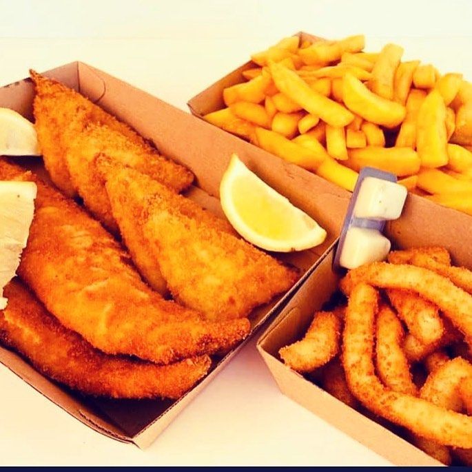 Fish and Chips Takeaway Meal in Cardboard Containers — Pt Cartwright Seafoods in Warana, QLD