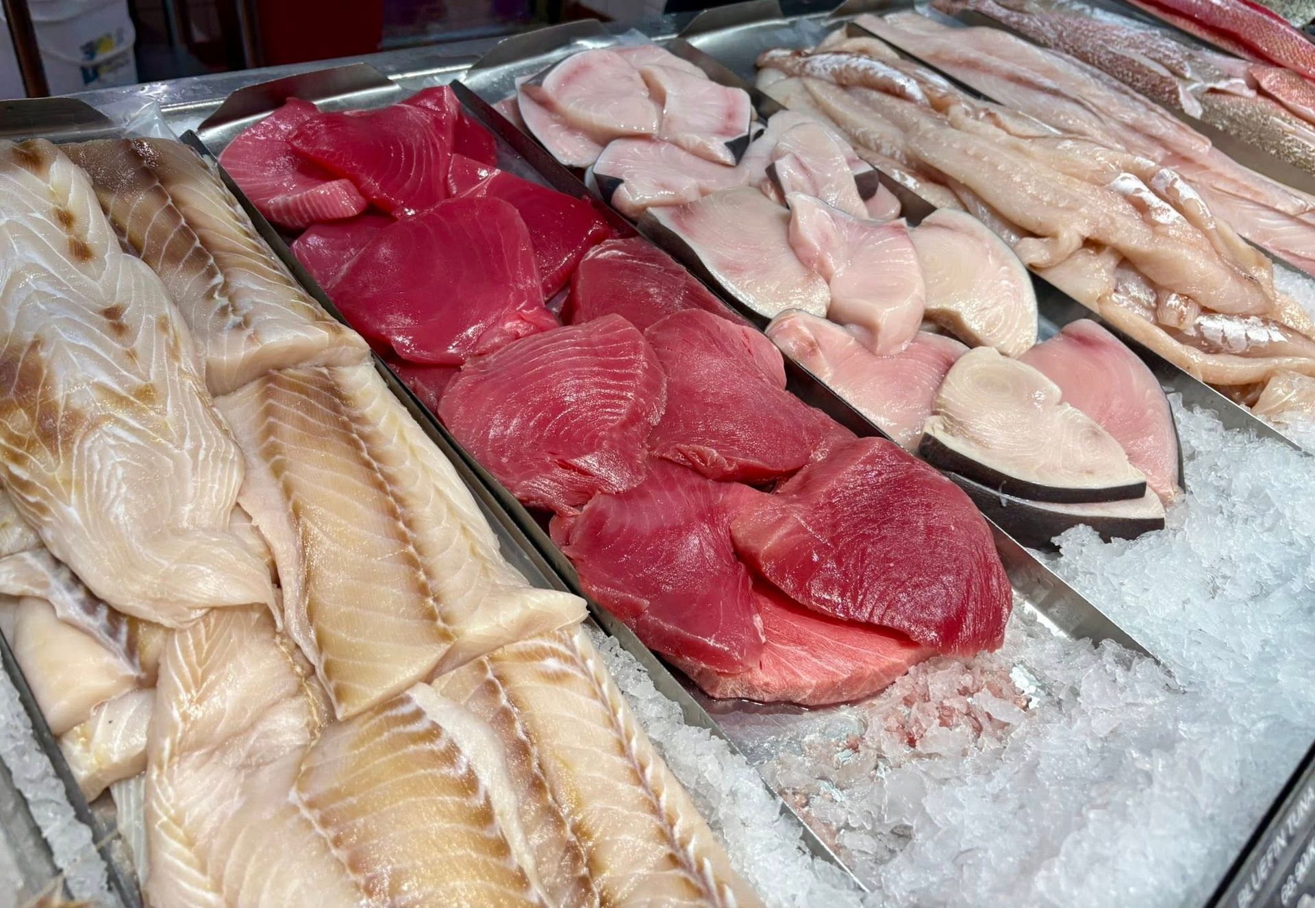 Fresh Fish Fillets Arranged on Ice at a Market Display — Pt Cartwright Seafoods in Warana, QLD