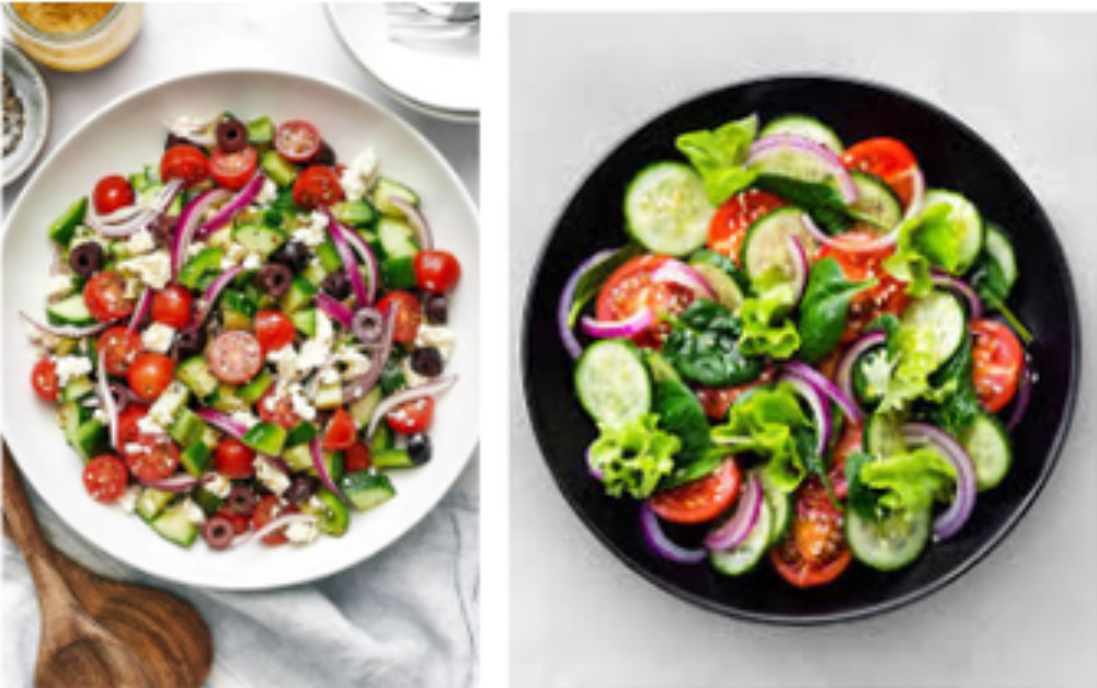 Two Bowls of Colorful Salads: One With Feta, Olives, and Red Onion; the Other With Spinach — Pt Cartwright Seafoods in Warana, QLD