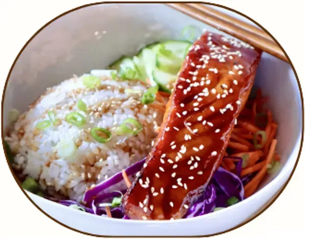 Salmon Teriyaki Bowl With Rice, Vegetables — Pt Cartwright Seafoods in Warana, QLD