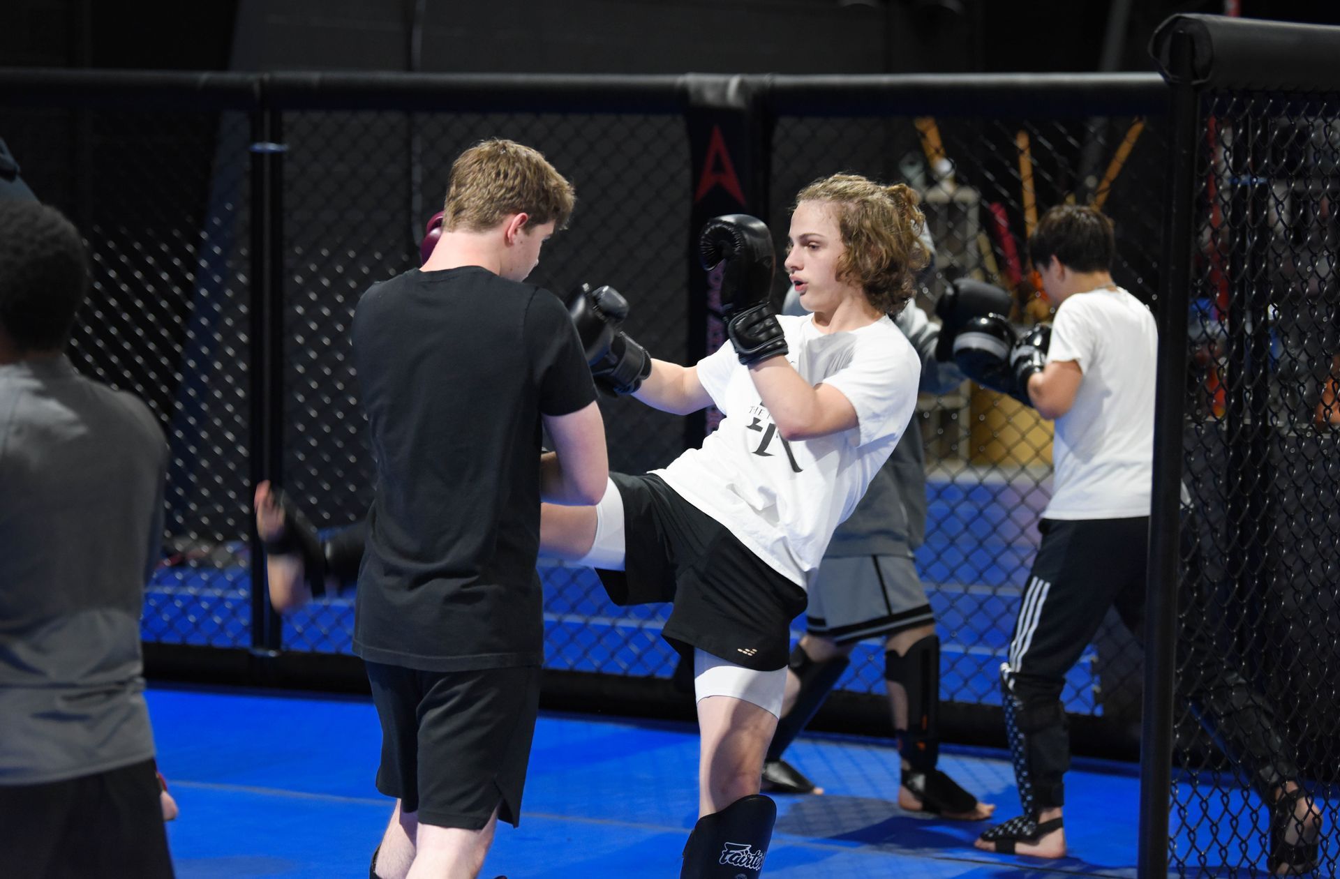 A group of people are practicing martial arts in a cage.