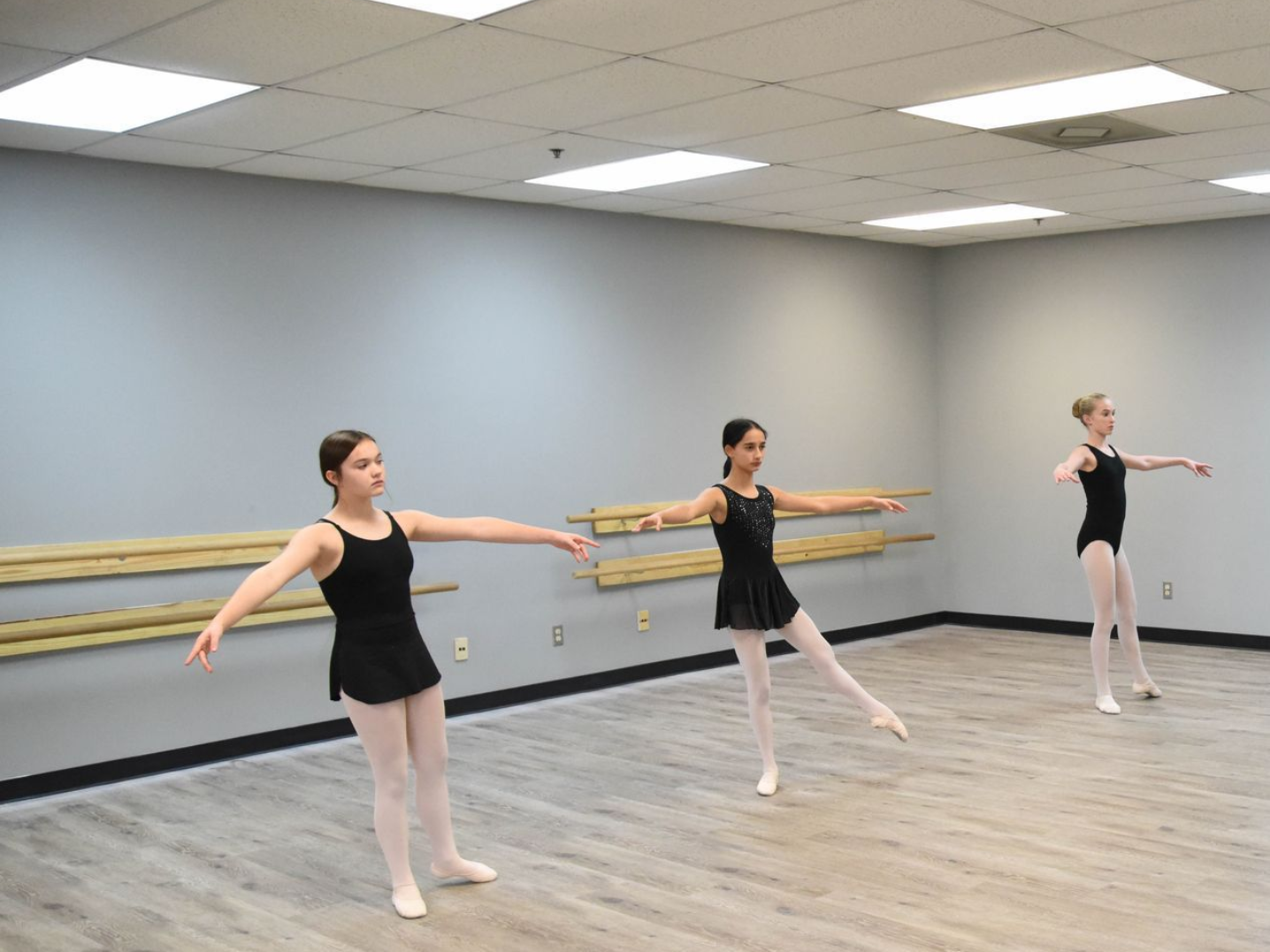 Three young women are practicing ballet in a dance studio.