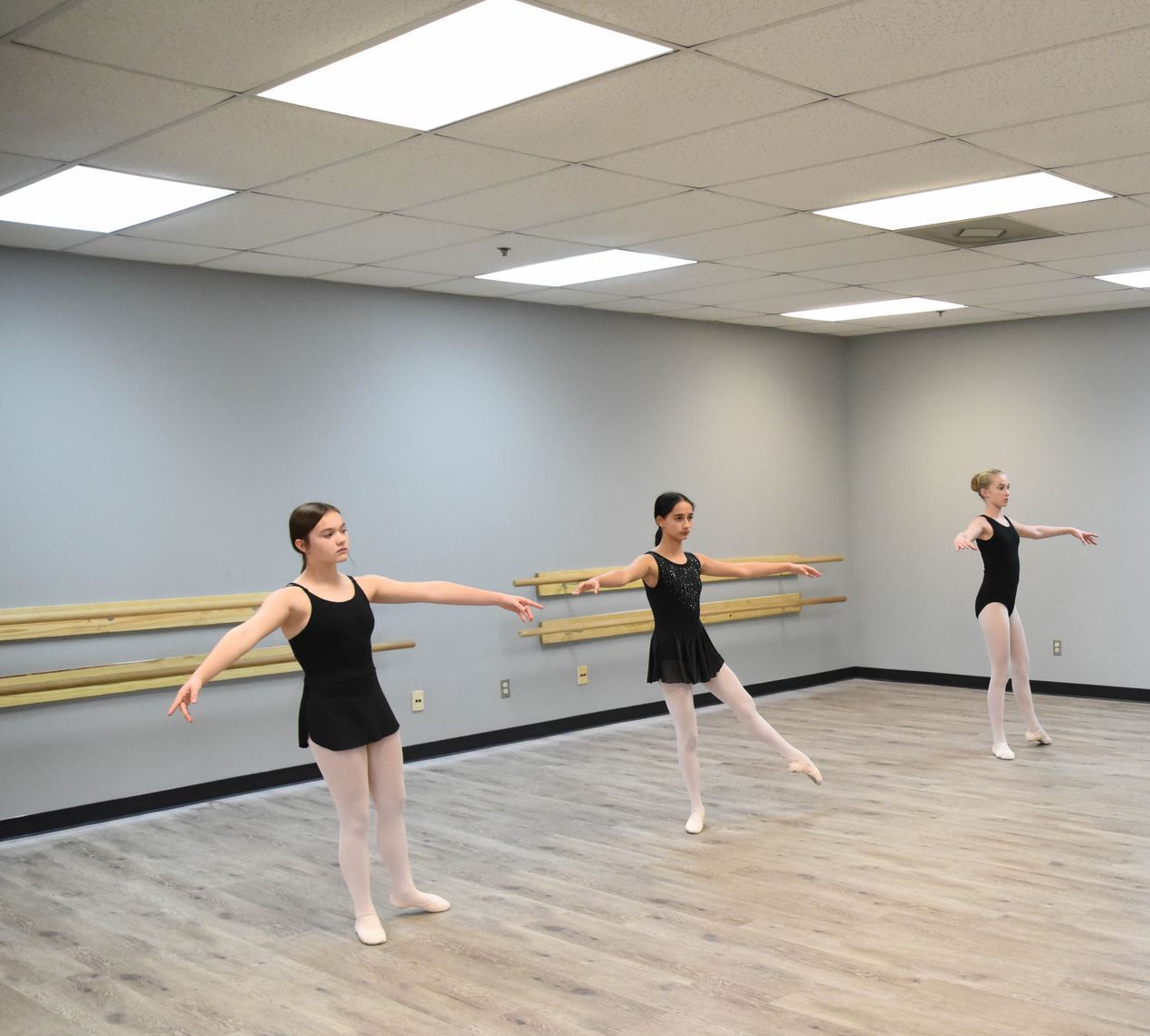 Three young women are practicing ballet in a dance studio.