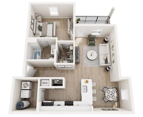 Top-down view of a modern apartment floor plan with bedroom, bathroom, kitchen, living area, balcony, and laundry.