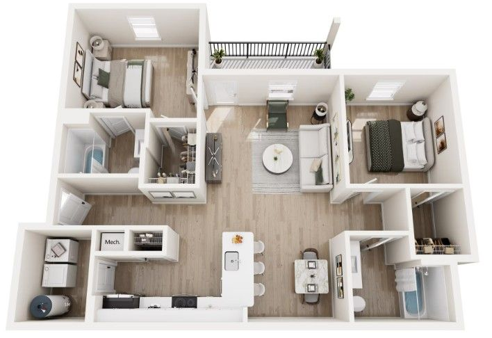 Floor plan of an apartment with two bedrooms, living area, kitchen, and balcony. White and light wood tones.