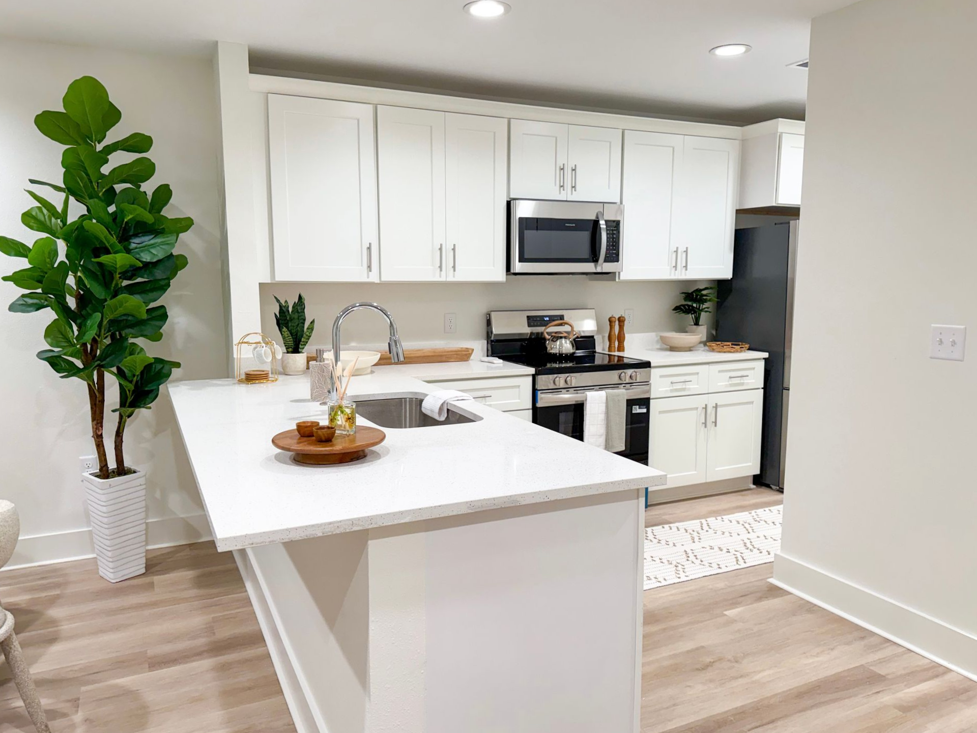 biloxi apartment kitchen with quartz countertops, wood floors, stainless steel appliances, and natural decoration
