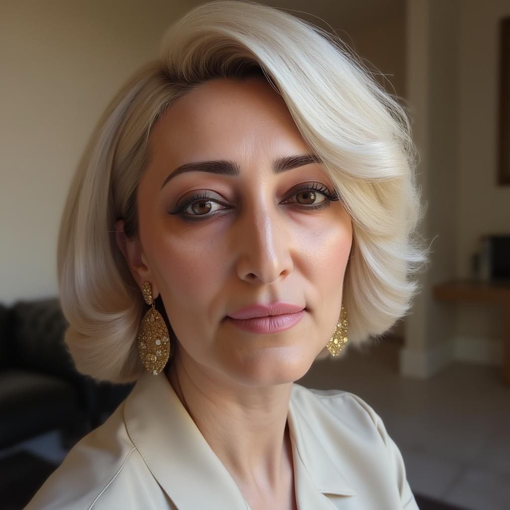 A woman wearing a wig and a white jacket is sitting in a chair.