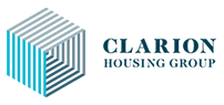 The clarion housing group logo is a blue and white striped cube.