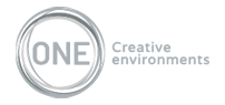 A logo for one creative environments is shown in black and white.