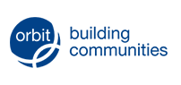 The logo for orbit building communities is blue and white.