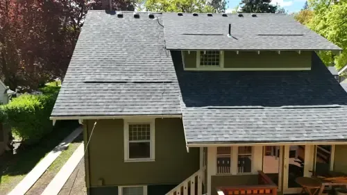 Green house with gray shingled roof, windows, and surrounding trees in a sunny setting.