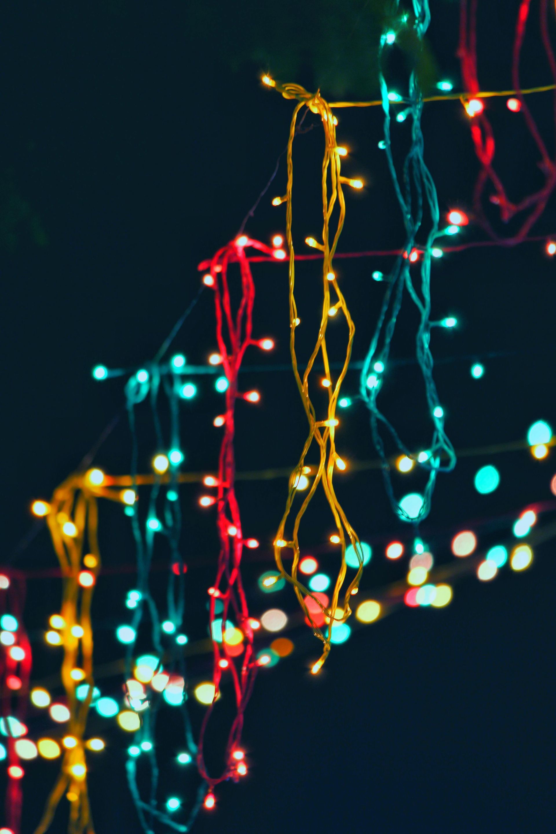 String lights in red, turquoise, and yellow against a dark background, creating a festive, glowing atmosphere.