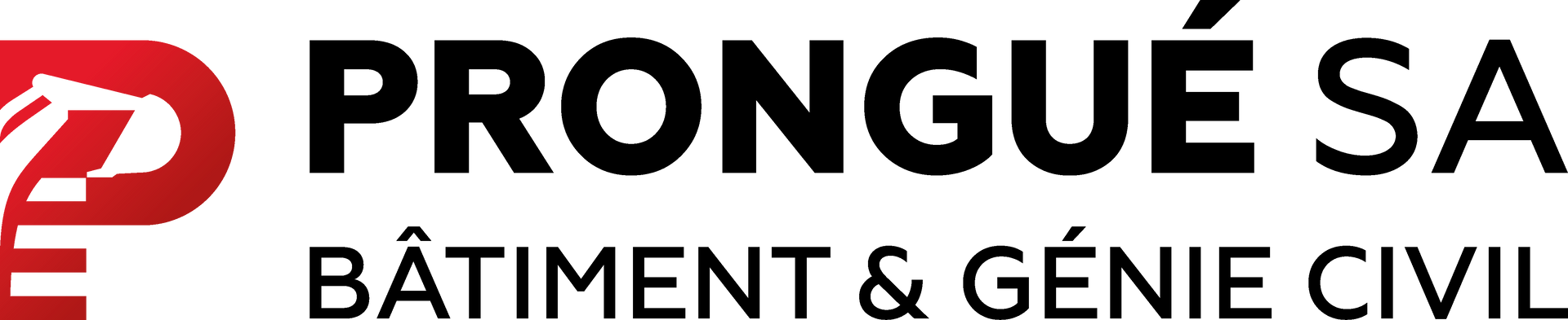Logo PRONGUÉ SA avec un P stylisé rouge et le texte noir « BÂTIMENT & GÉNIE CIVIL » en dessous