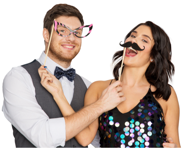 A man and a woman wearing fake mustaches and glasses