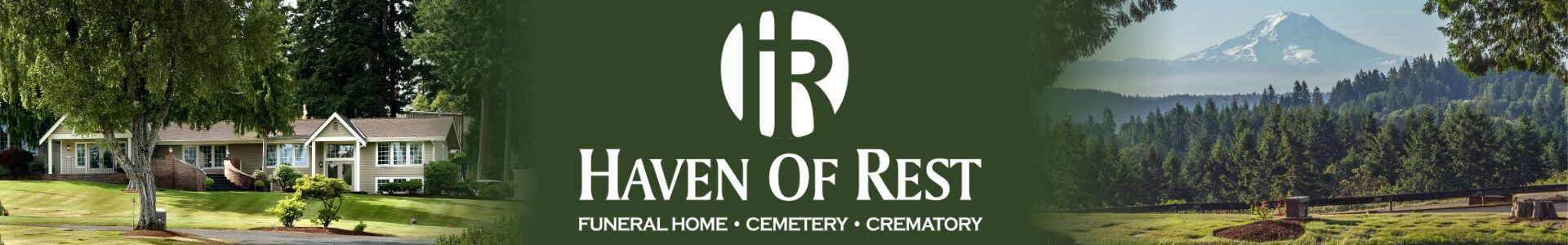 Haven of Rest funeral home banner with white logo on dark green background and trees