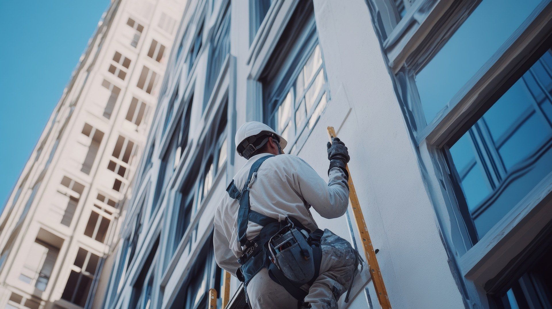 A man is climbing up a ladder on the side of a building.