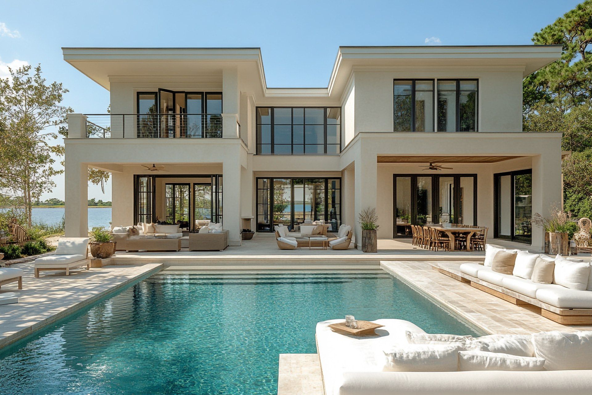 A large white house with a swimming pool in the backyard